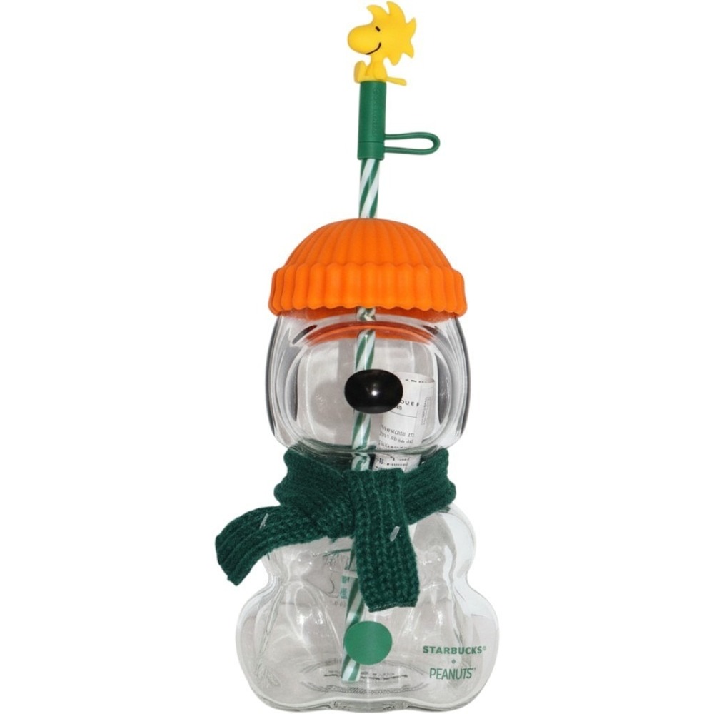 Starbucks Peanuts Snoopy Glass Cold Cup Tumbler 20 oz Woodstock Straw Scarf Hat